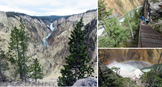 (Left) Artist Point view from the observation Point (Top right) Stairs down Uncle Tom's Trail (Bottom Right) Rainbow over Lower Falls