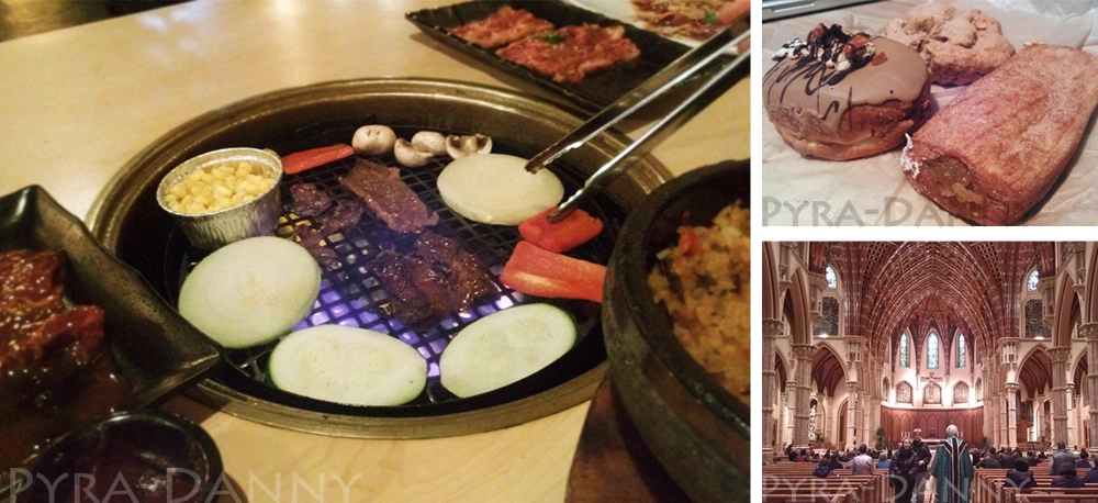 [Left] Samurai course from Gyu-Kaku [Top right] Pastries from West Town Bakery [Bottom right] Inside Holy Name Cathedral