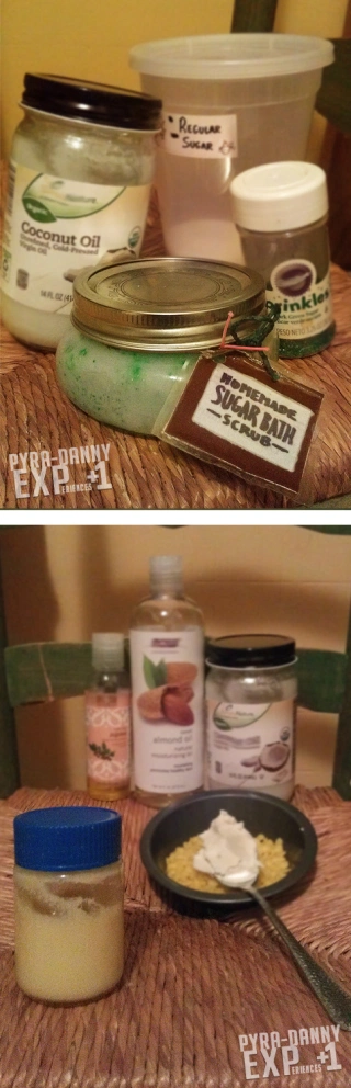 [Top] Ingredients for my mint Sugar Bath Scrub [Bottom] Ingredients for my oil-based Lotion at left