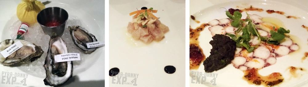 First courses from left to right: Oysters, Wahoo Tartare & Peekytoe Crab, Octopus