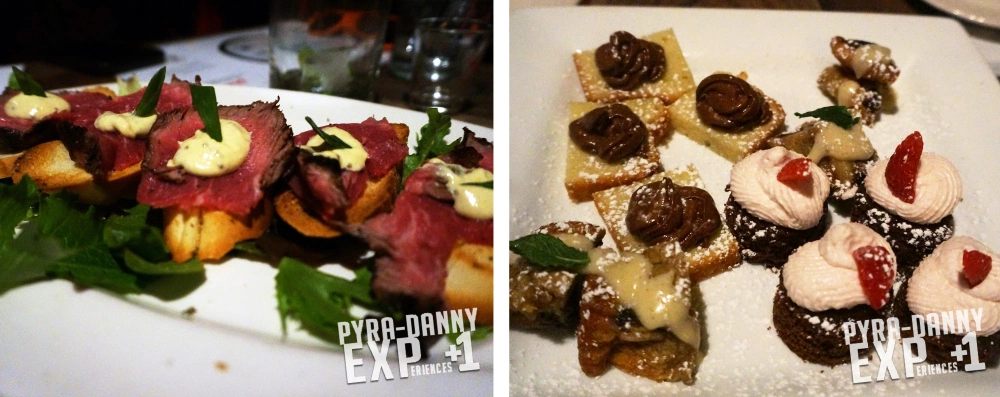 Beef on Crostini and Plate of mini desserts [Yelp with Reyka Vodka. PyraDannyExperiences.com]