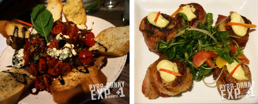 The Bruschetta and Bacon-covered Scallops [Yelp with Reyka Vodka. PyraDannyExperiences.com]