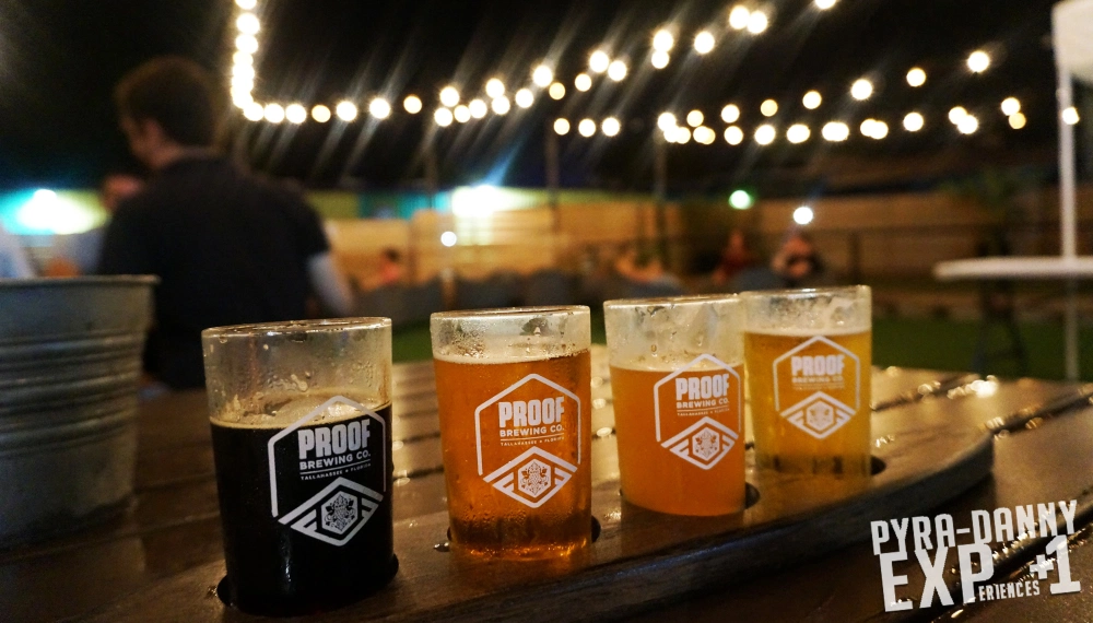 Proof Brewing flight under patio lights [Welcome to Tallahassee | PyraDannyExperiences.com]